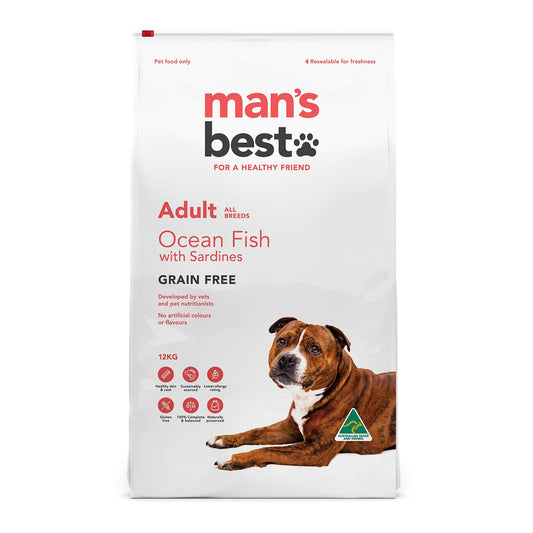 Man's Best dog food package for adult dogs with ocean fish and sardines flavor on a white background