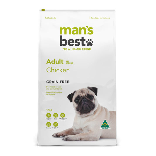 Man's Best grain-free chicken dog food package on a white background