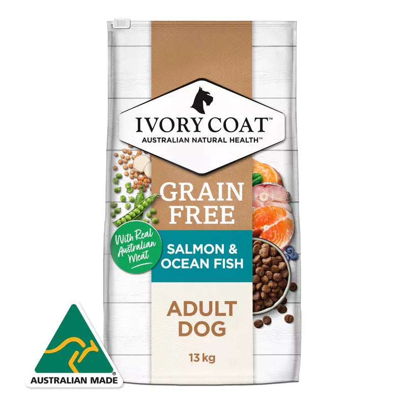 Ivory Coat grain-free dog food package with salmon and ocean fish flavor on a white background