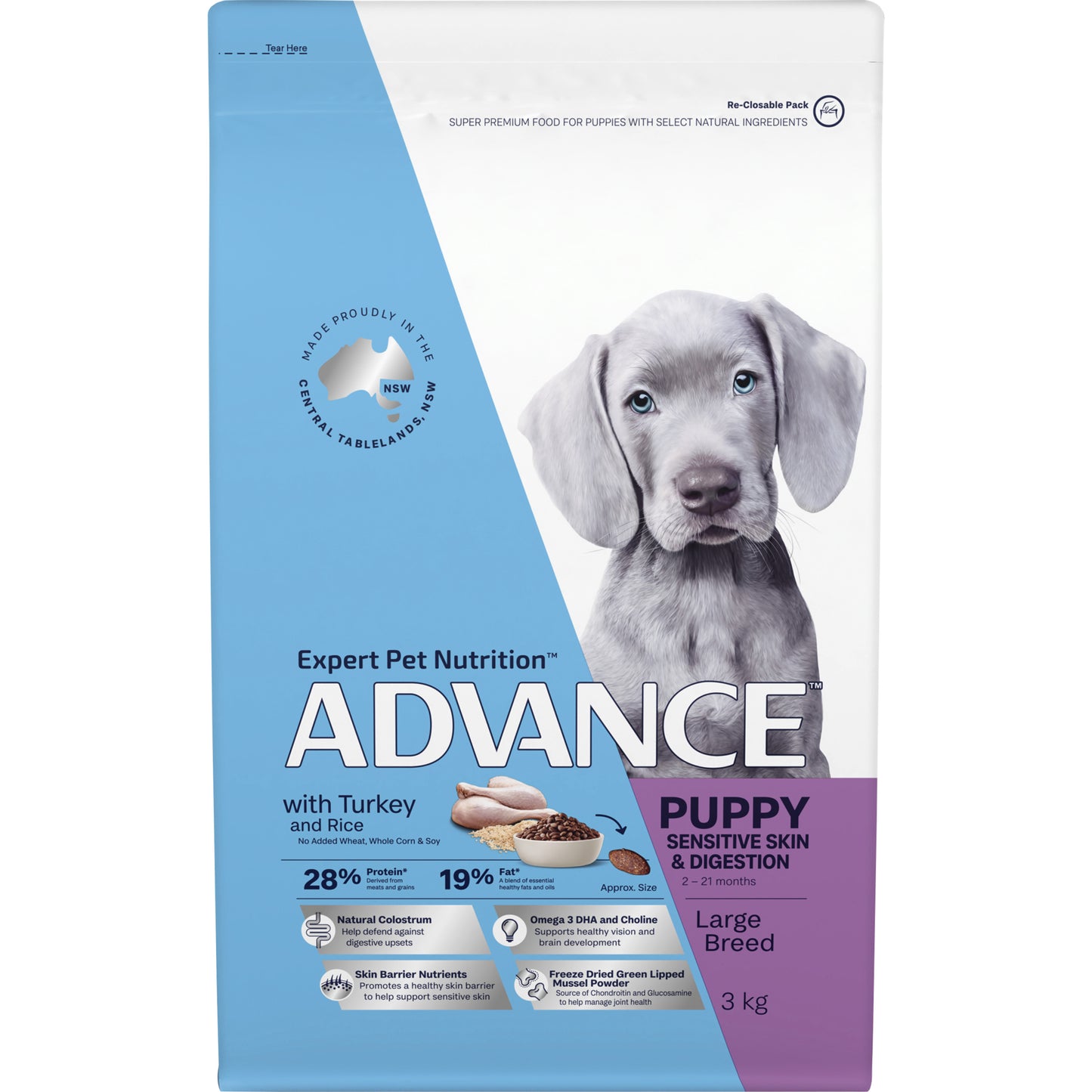 Large breed puppy with healthy skin eating Advance Sensitive food Alihan