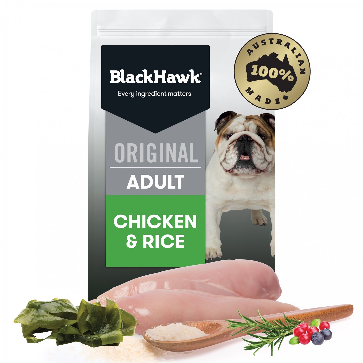 Active adult dog eating Black Hawk Chicken Rice kibble Alihan