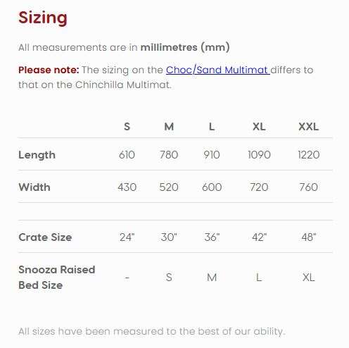 Calming Multimat size guide in mm.