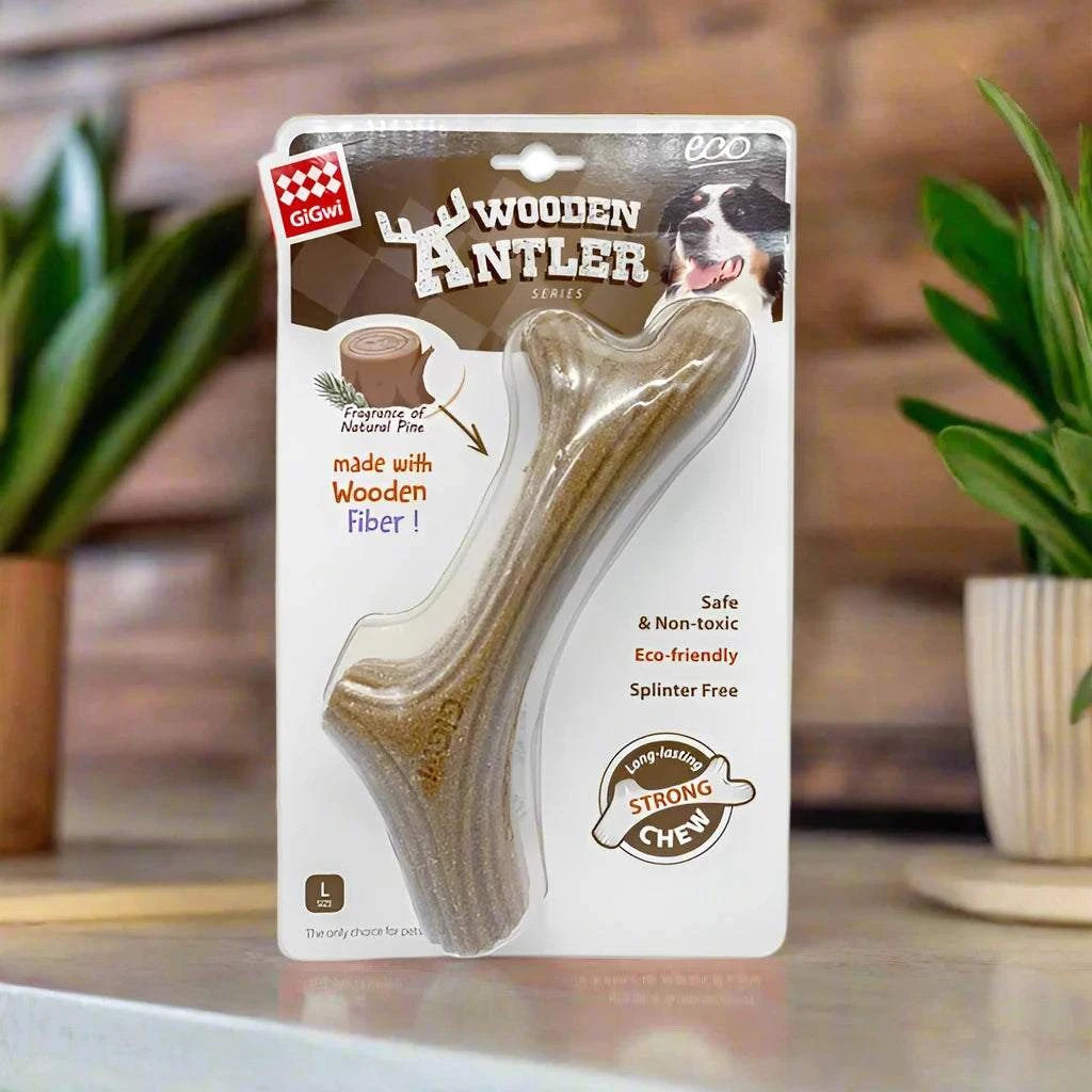 GiGwi Wooden Antler Dog Toy – Eco-Friendly Splinter-Free Chew Toy Made from Food-Grade PP and Pine for Strong Chewers