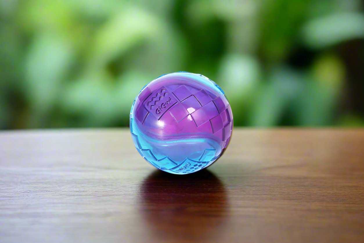 GiGwi Original Fetch Ball for dogs, featuring a durable Thermoplastic Rubber (TPR) construction, bright colorful design, and an internal squeaker. The ball is shown floating in water, highlighting its versatility for both land and water play.