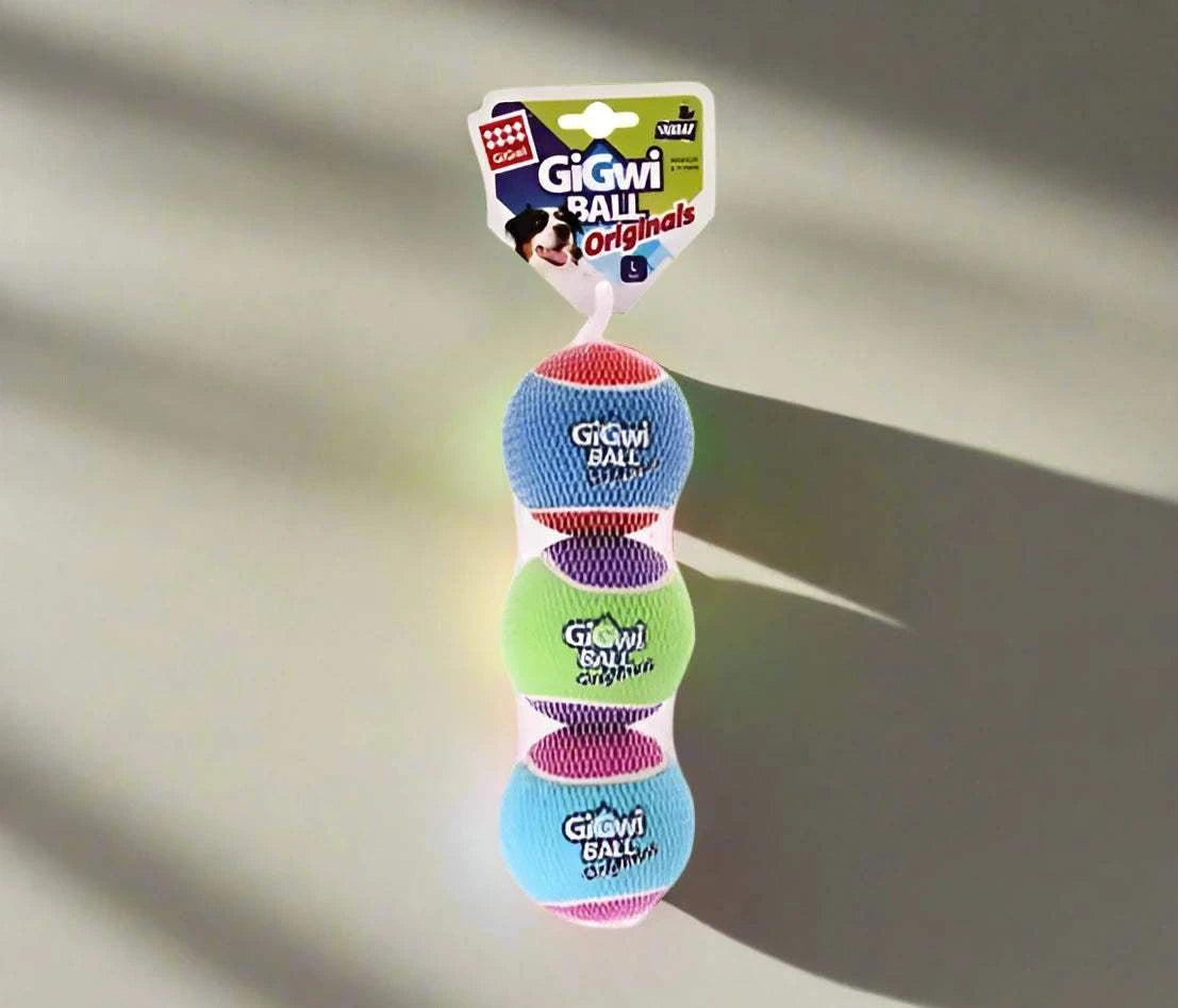 GiGwi Originals Tennis Balls for dogs, featuring a classic tennis ball design with vibrant colors. Made from durable materials for long-lasting play, these balls are ideal for fetch and interactive games with your furry friend