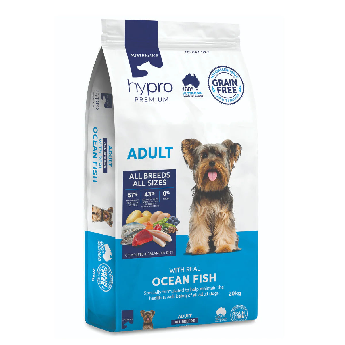 Dog food package with 'Hypro Premium' branding on a white background