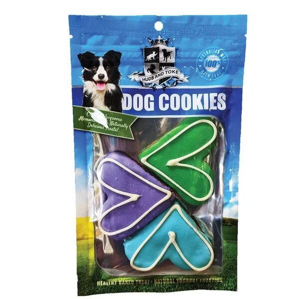 Huds and Toke Big Doggy Love Heart cookies, hand-frosted with yoghurt and love heart outlines.