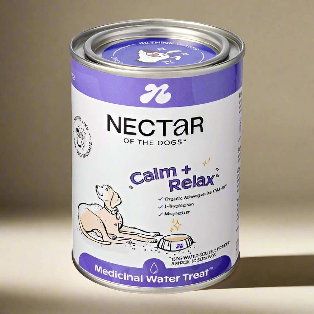 Nectar of the Dogs Calm + Relax Soluble Powder for dogs, featuring a sleek container with a label showcasing its plant-based, organic ingredients. The powder is designed to support canine immune health, relaxation, and hydration, with a savory Aussie BBQ sausage flavor.