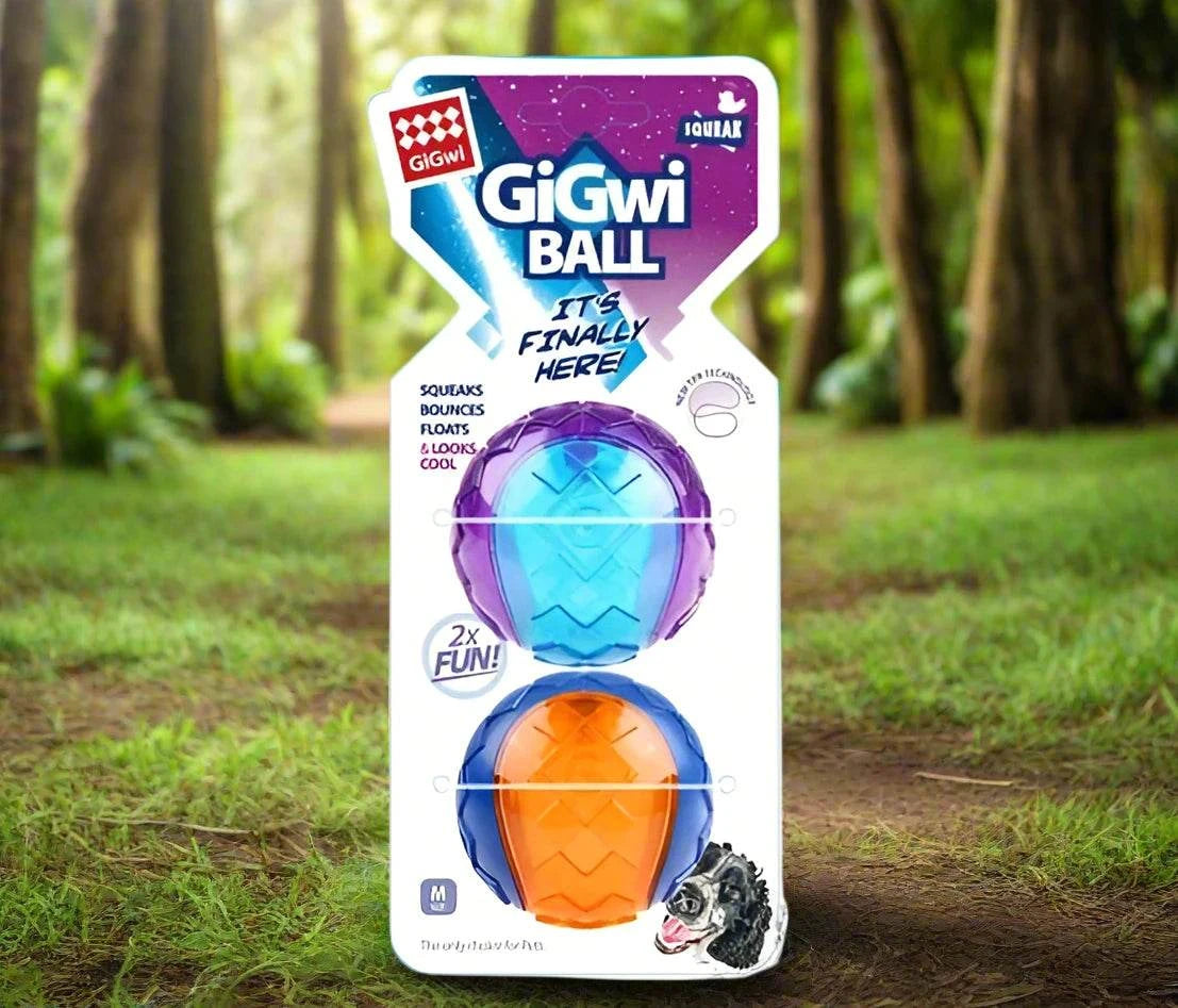 GiGwi Original Fetch Ball for dogs, featuring a durable Thermoplastic Rubber (TPR) construction, bright colorful design, and an internal squeaker. The ball is shown floating in water, highlighting its versatility for both land and water play.
