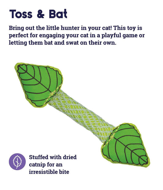 A green, crinkle-filled chew toy with dried mint inside, designed to freshen a cat's breath and clean their teeth.
