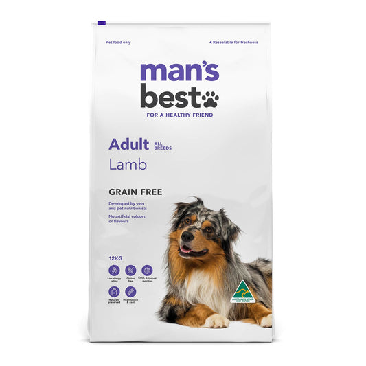Man's Best grain-free lamb dog food packaging on a white background
