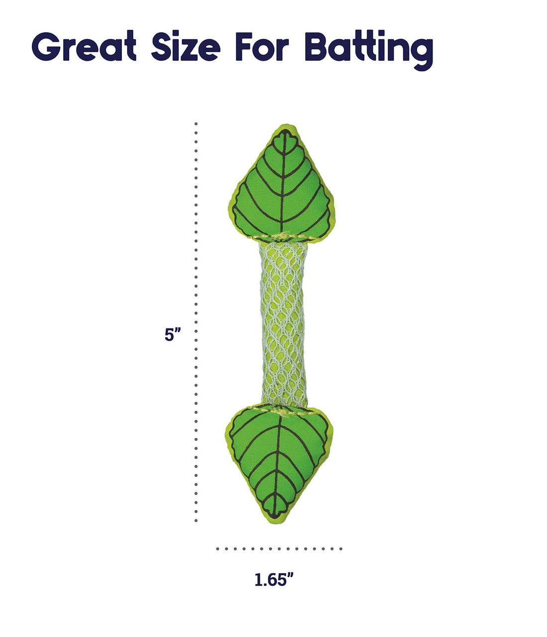 A green, crinkle-filled chew toy with dried mint inside, designed to freshen a cat's breath and clean their teeth.