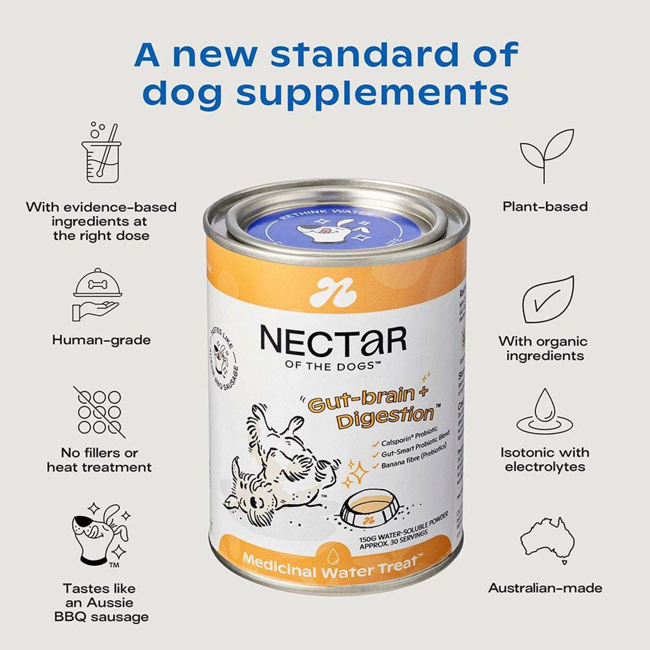 Nectar Of The Dogs Gut Brain Digestion Dog Powder 150g container with a label highlighting its premium, human-grade formula. The powder supports digestive health with probiotics, Fluvic acid, and prebiotic fiber. Shown with a flavor profile reminiscent of an Aussie BBQ sausage, ideal for dogs with digestive issues. The product is grain-free and free from fillers