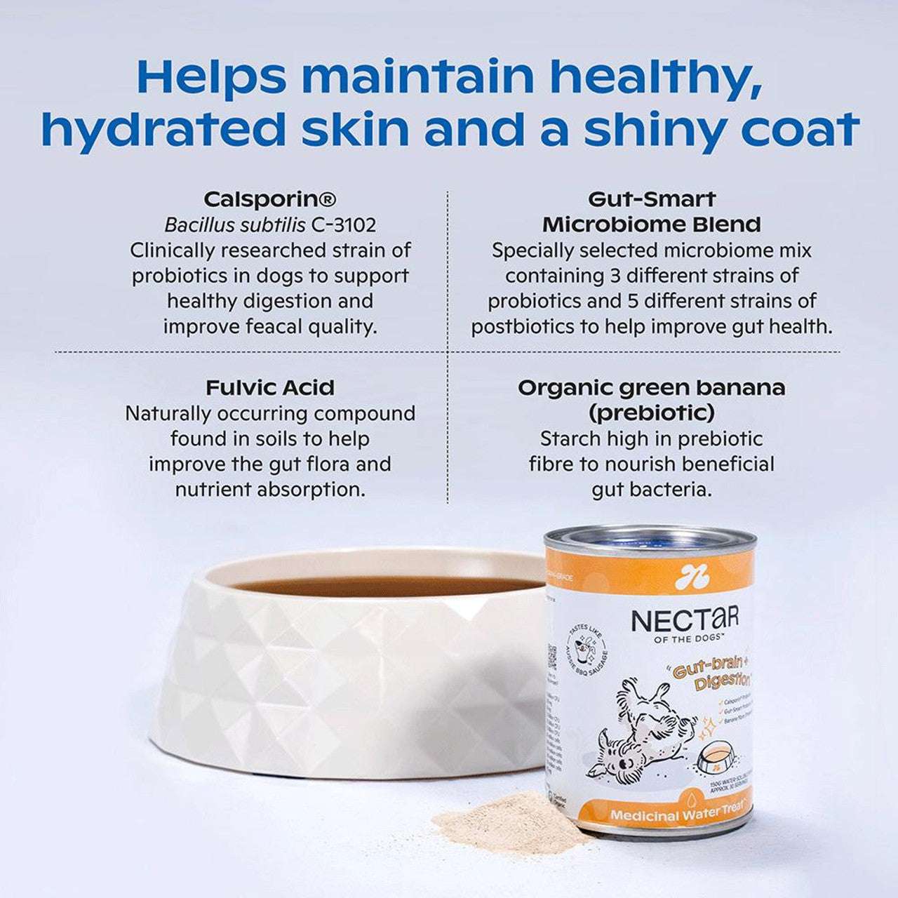 Nectar Of The Dogs Gut Brain Digestion Dog Powder 150g container with a label highlighting its premium, human-grade formula. The powder supports digestive health with probiotics, Fluvic acid, and prebiotic fiber. Shown with a flavor profile reminiscent of an Aussie BBQ sausage, ideal for dogs with digestive issues. The product is grain-free and free from fillers