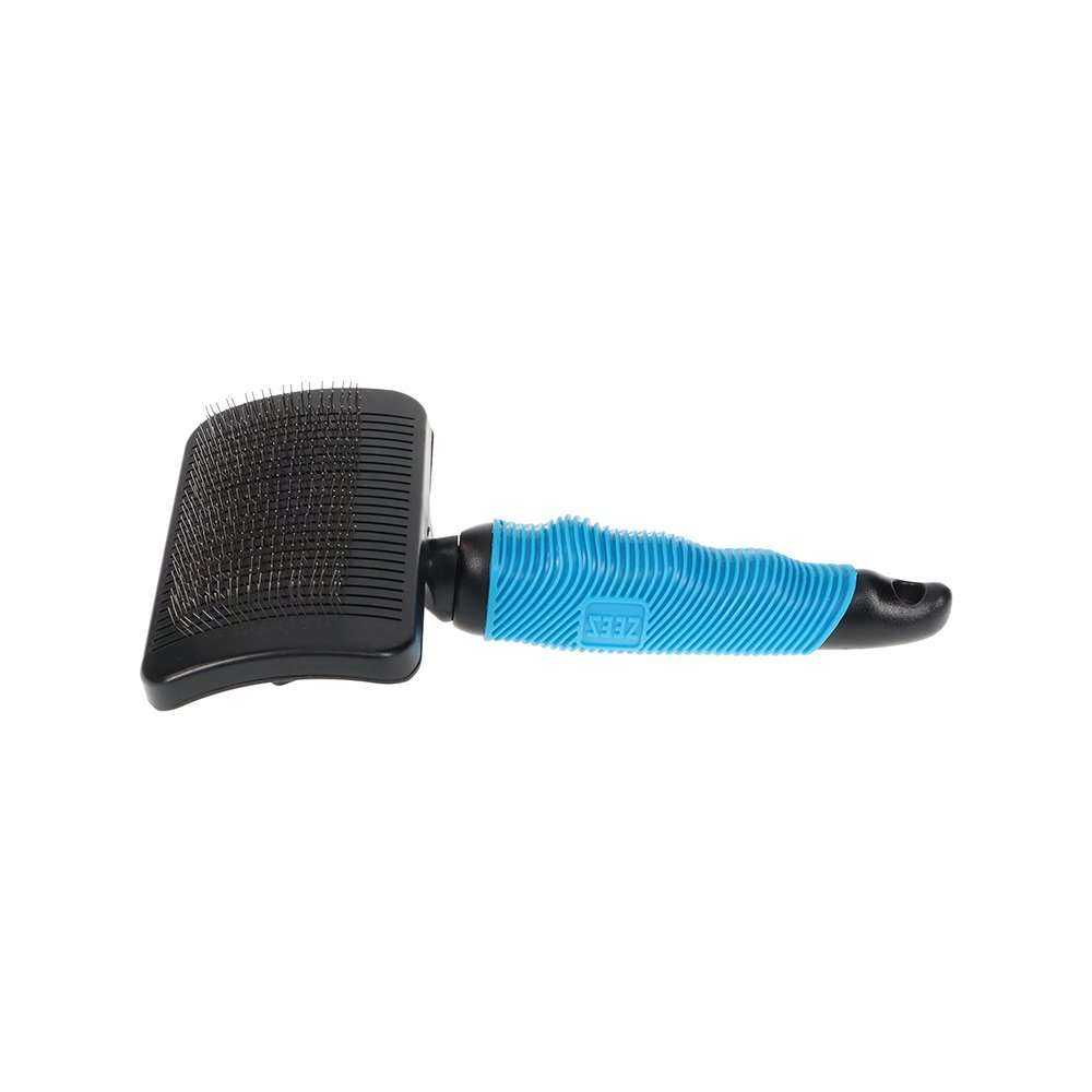 ZEEZ Slicker Brush in use on a dog, removing tangles and dead fur.