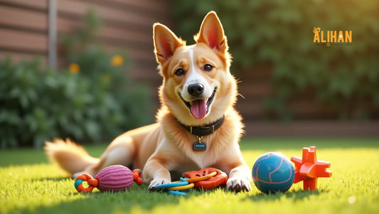 Happy Australian dog with diverse, safe dog toys in a sunny backyard