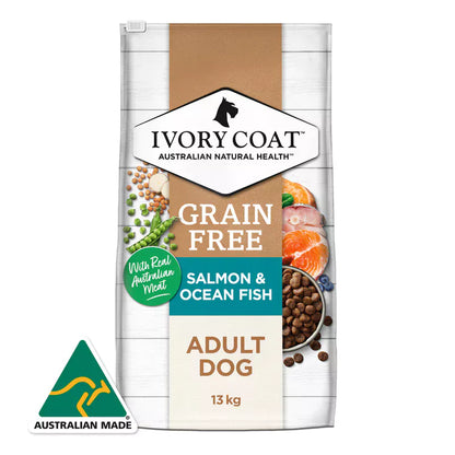 Ivory Coat grain-free dog food package with salmon and ocean fish flavor on a white background