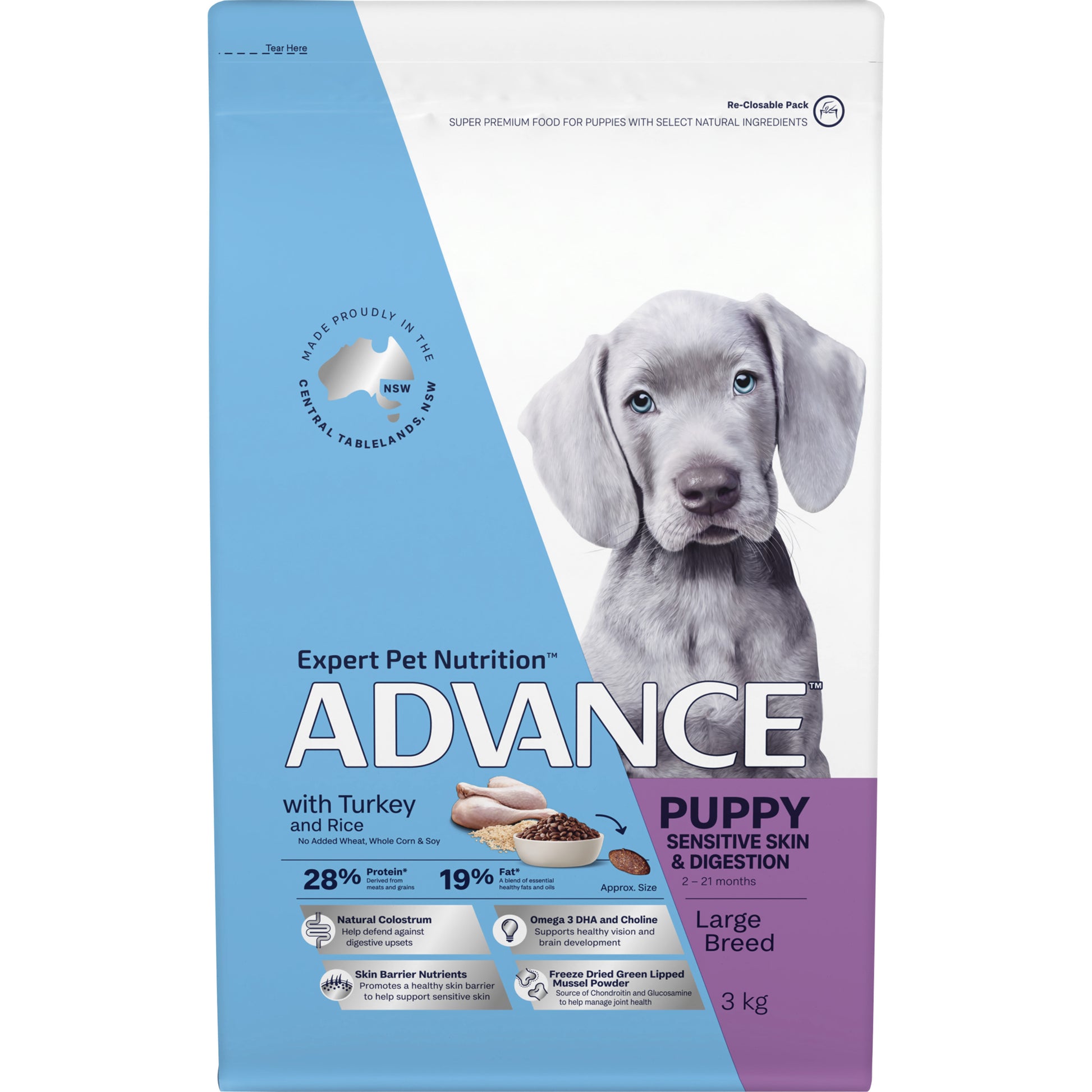 Large breed puppy with healthy skin eating Advance Sensitive food Alihan

