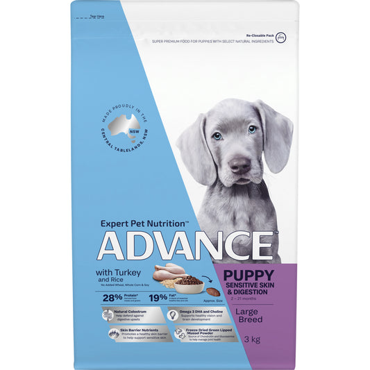 Large breed puppy with healthy skin eating Advance Sensitive food Alihan

