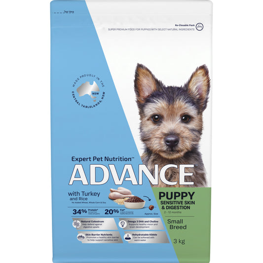 Small breed puppy with healthy skin eating Advance Sensitive food Alihan

