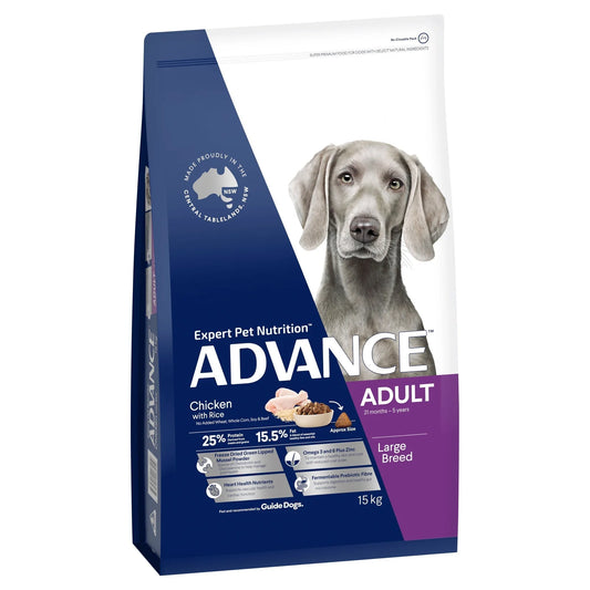 Large breed dog with healthy teeth and shiny coat eating Advance Chicken kibble Alihan

