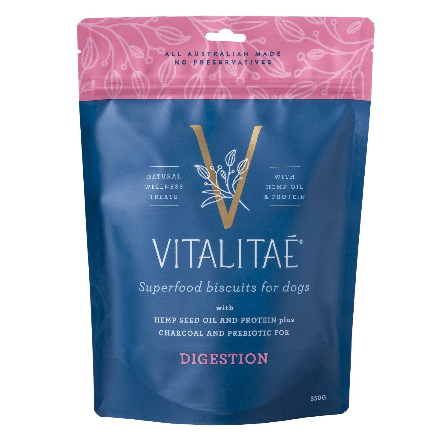 A bag of Vitalitae Superfood Biscuits for dogs, with a focus on digestive health.

