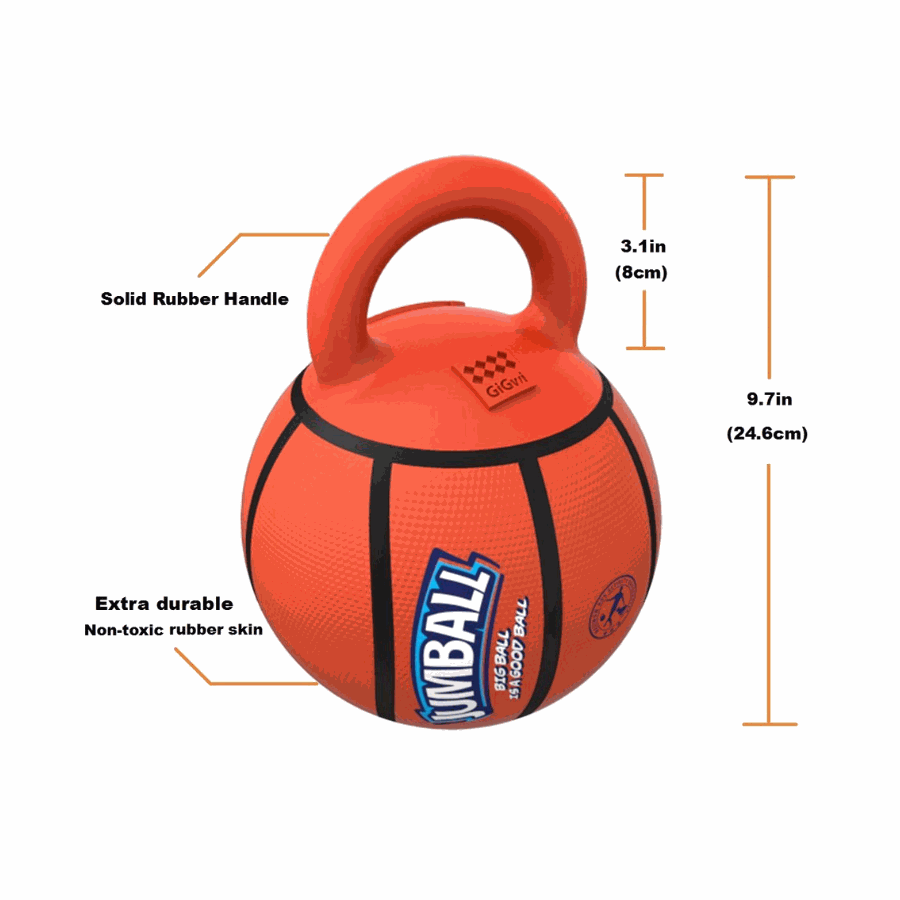 GiGwi Jumball Basketball-rubber ball with handle in yellow/ orange Size, solid rubber handle, extra durable. non toxic rubber skin, 9.7 inch 