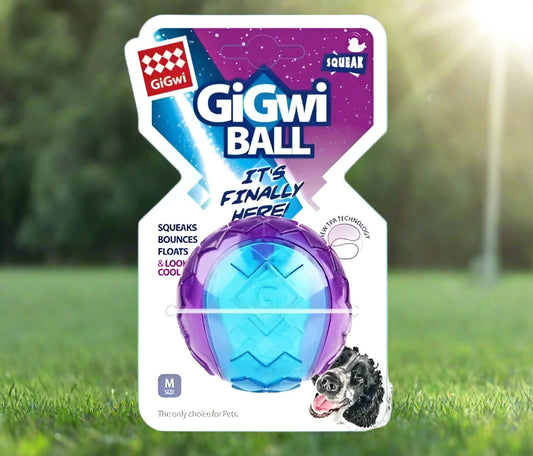 GiGwi Original Fetch Ball for dogs, featuring a durable Thermoplastic Rubber (TPR) construction, bright colorful design, and an internal squeaker. The ball is shown floating in water, highlighting its versatility for both land and water play.