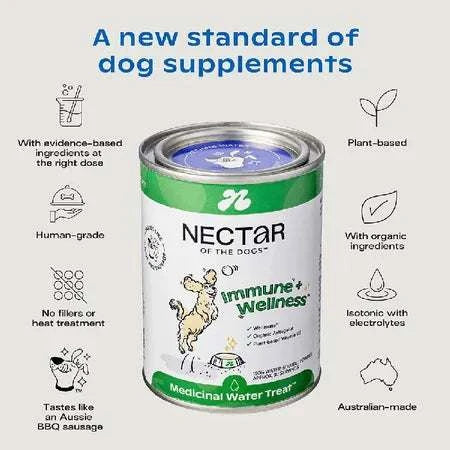 Nectar of the Dogs Immune + Wellness Dog Soluble Powder 150g, highly recommended for boosting canine immune health. Features human-grade ingredients, including Wellmune, Organic Astragalus, and medicinal mushrooms, in a tasty Aussie BBQ sausage flavor. Ideal for enhancing your dog’s wellness and easy to mix into food or water.