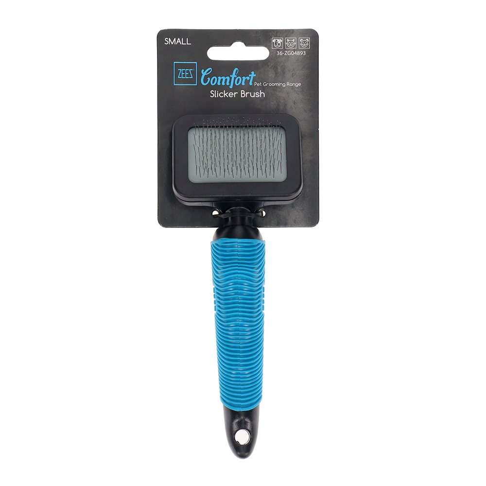 Grooming a dog with the ZEEZ Comfort Slicker Brush to remove loose fur.