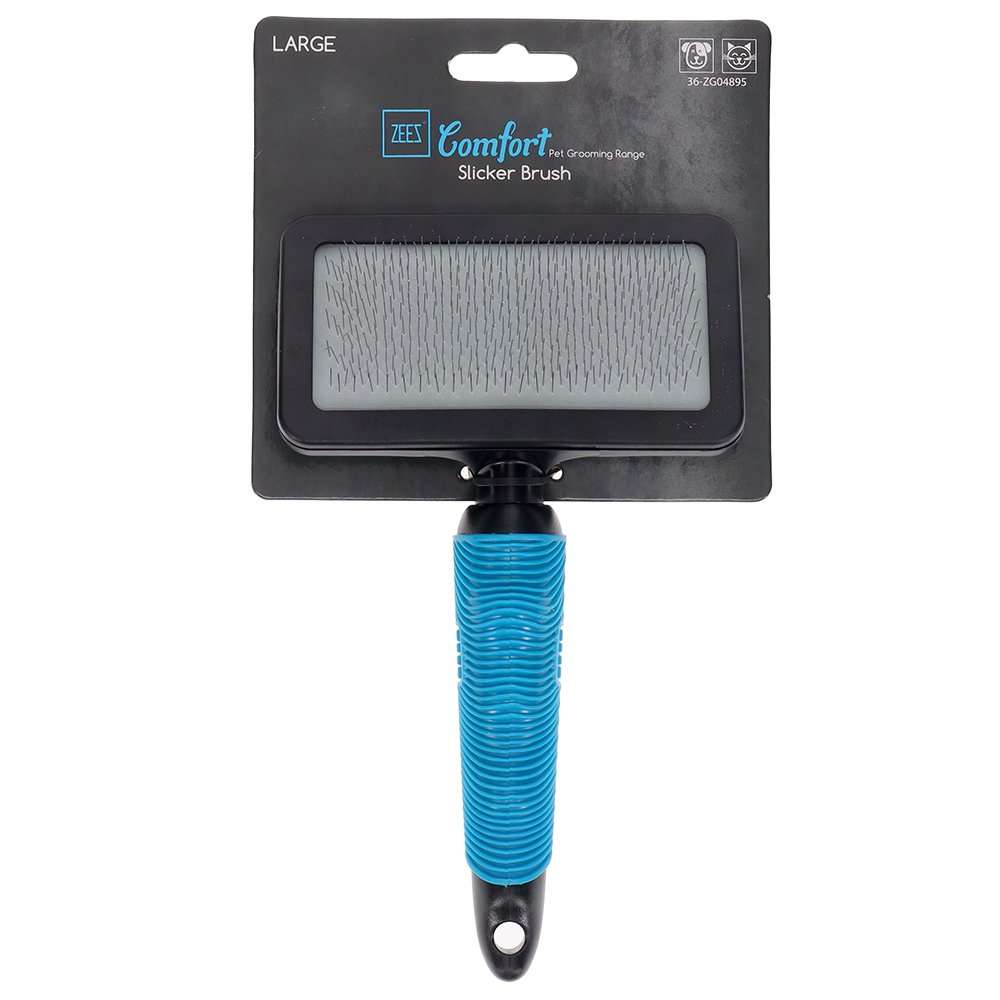 Grooming a dog with the ZEEZ Comfort Slicker Brush to remove loose fur.