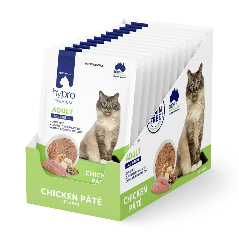 An opened Hypro Premium Adult Cat Pouch with pâté, ready to be served to a cat.

